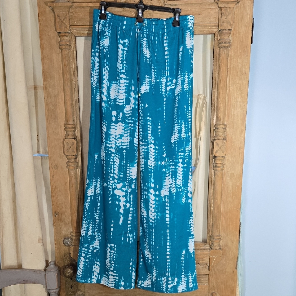 Calvin Klein Turquoise and White Patterned Wide-Leg Palazzo Pants Size Medium